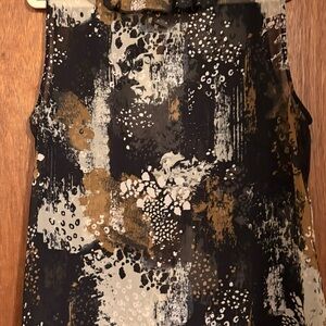 CAbi Navy, Cream & Gold Abstract Tie-Neck Top